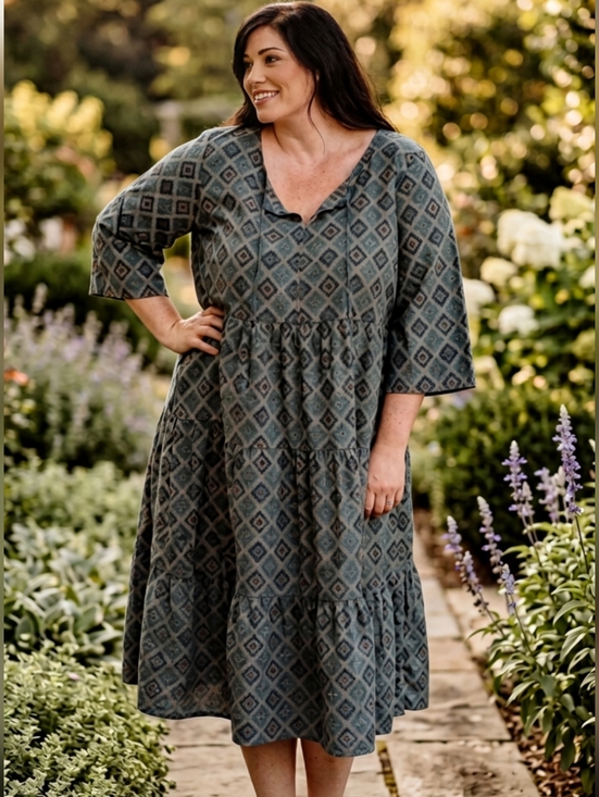 Mata Traders Dresses & Skirts - Mata Traders Tiered Midi Dress 100% Cotton Pockets Flowy Cottagcore Boho Garden